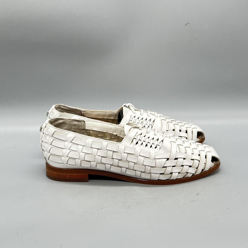 Sam Edelman White Woven Leather Peep-Toe Flats